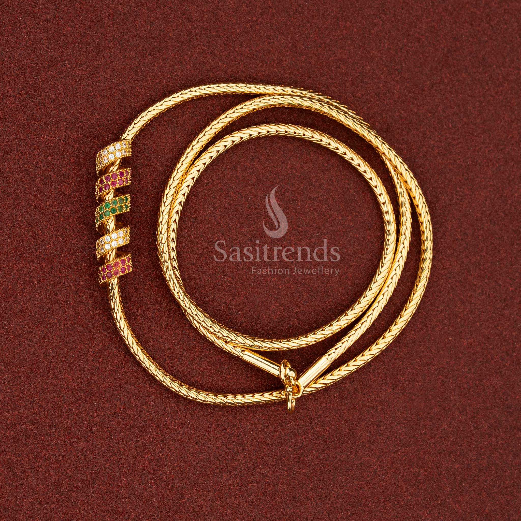 Prismatic multi micro gold spring design Mugappu chain with AD highlights tailored for bright saree styles and cultural festivities – Sasitrends