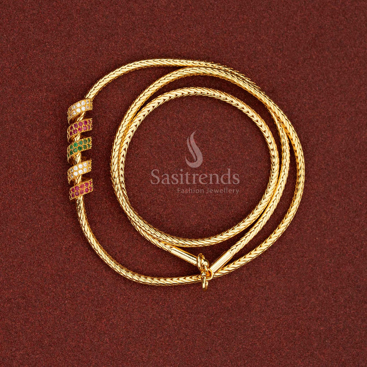 Prismatic multi micro gold spring design Mugappu chain with AD highlights tailored for bright saree styles and cultural festivities – Sasitrends