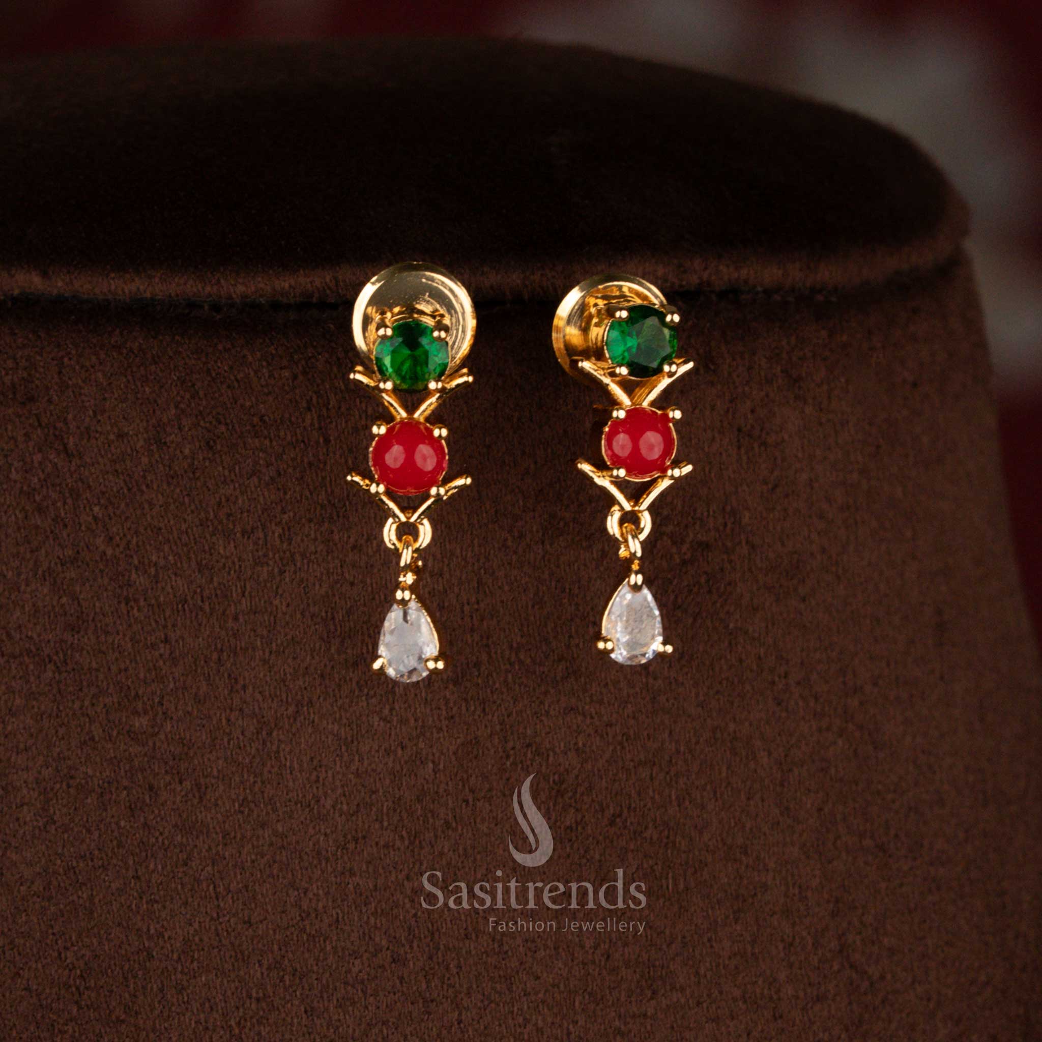 Divine navarathna micro gold plated American diamond V-cut earrings designed for festive elegance – Sasitrends