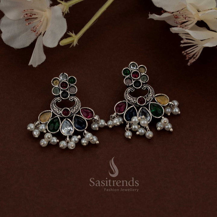 Vibrant Oxidised Multi Coloured Floral Chandbali Teardrop Stone Earrings with Pearls for ethnic parties Sasitrends