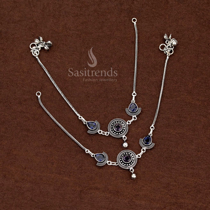 Chic oxidised anklet featuring purple teardrop Monalisa stones in circular design, ideal for evening dates, cultural meetups, and daily stylish wear – Sasitrends