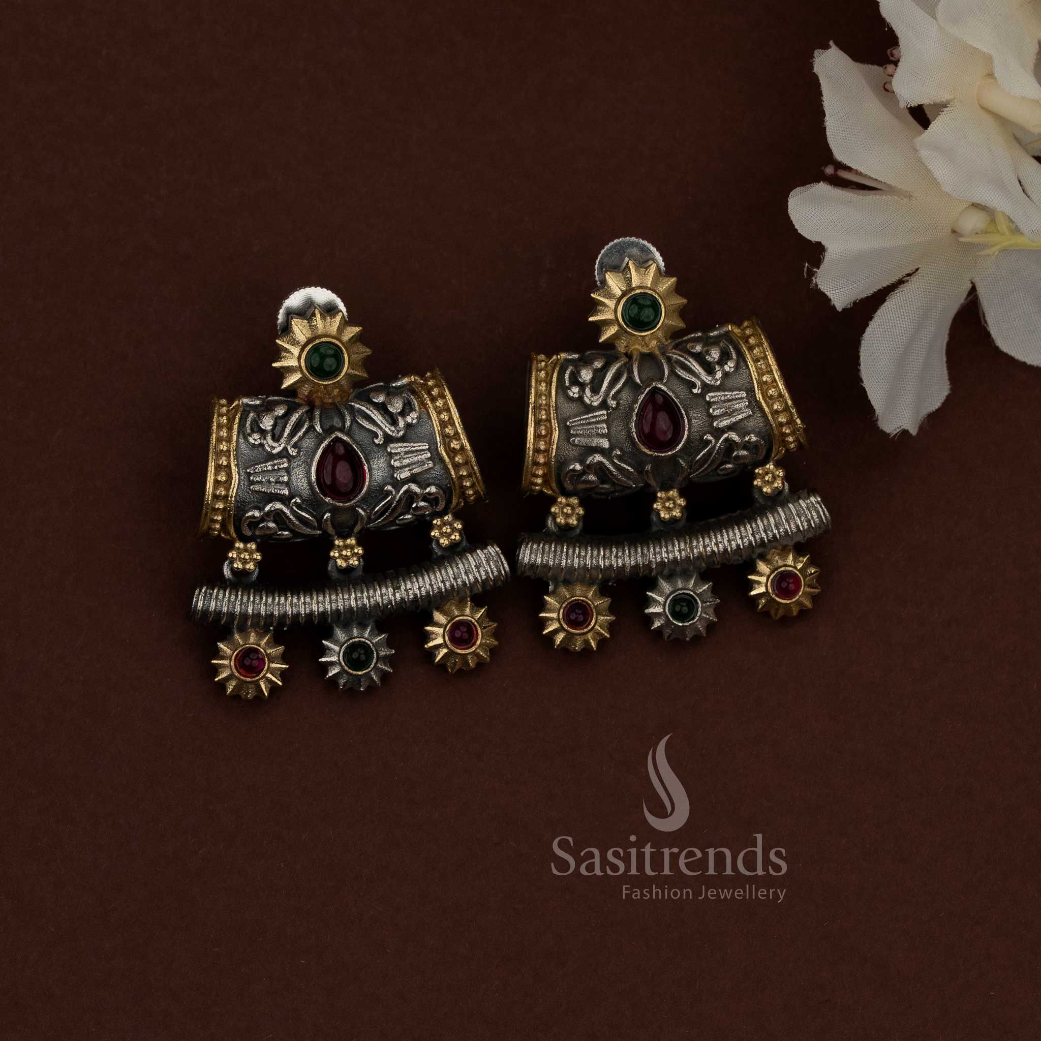 Artisan oxidised ruby green crescent Huslia Chandbali Earrings with teardrop stone detailing for festive ethnic occasions - Sasitrends