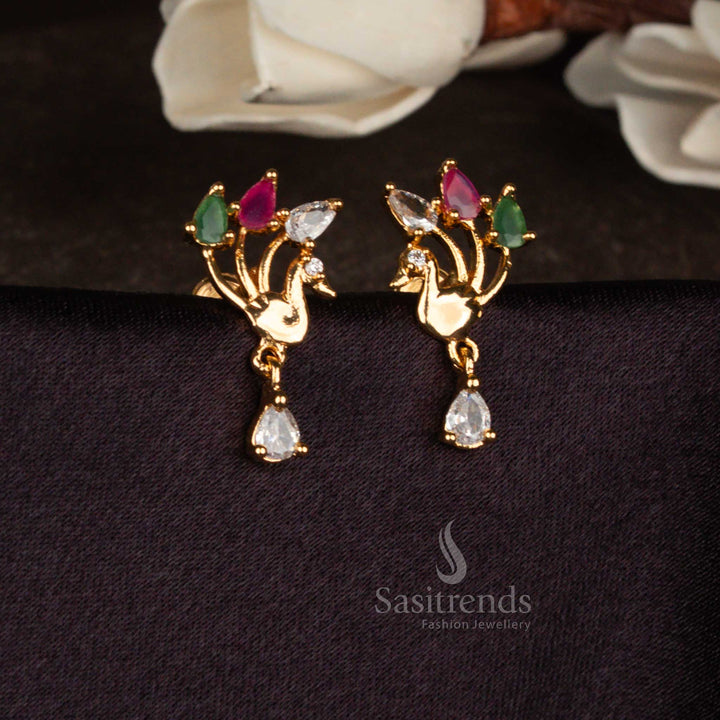 Carnival charm multi American diamond micro gold plated stylized peacock teardrop stud earrings perfect for family functions, cultural celebrations, and statement ethnic styling – Sasitrends