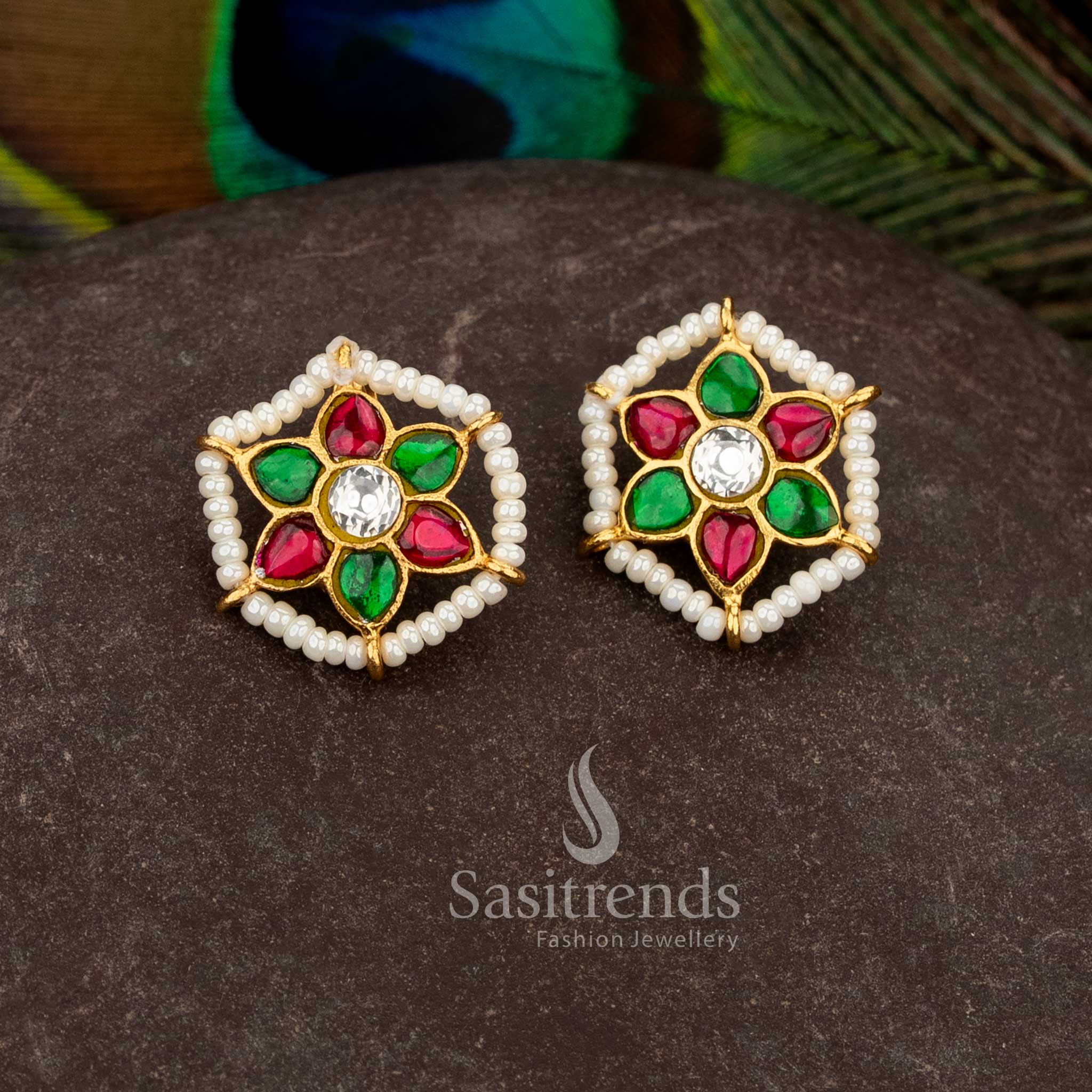 Delightful pearl multi Jadau gold plated hexagonal pearl Kundan stone bugadi earrings designed for celebration occasions - Sasitrends