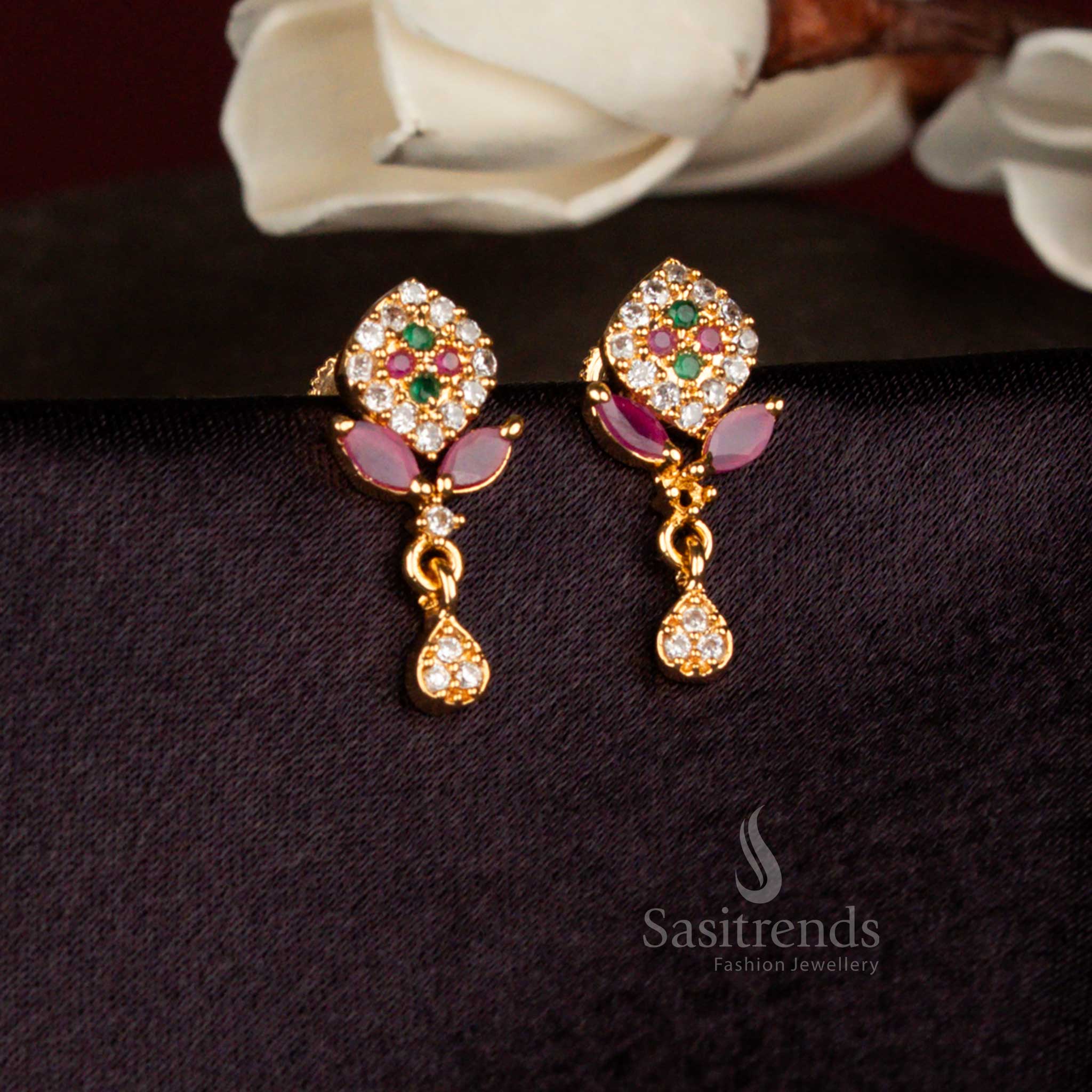 Carnival bloom multi American diamond micro gold plated tulip floral drop stud earrings perfect for joyful occasions, parties, and elegant traditional wear – Sasitrends