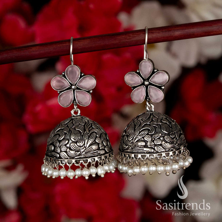 Stylish Pink Party Oxidised Floral Jhumkas with Pearl Drops Featuring Fish-Hook Closure, Ideal for Black Saree Ethnic Navaratri Looks-Sasitrends