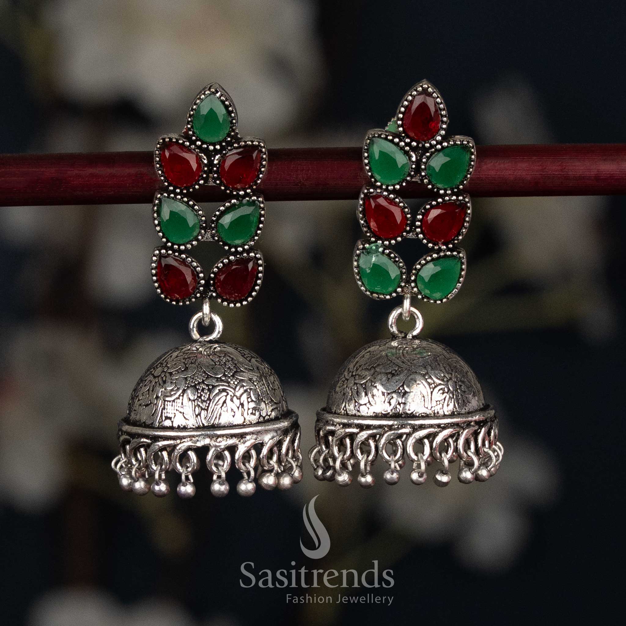 Vibrant red green oxidised petal cluster stud jhumka earrings with textured dome for ethnic wear - Sasitrends