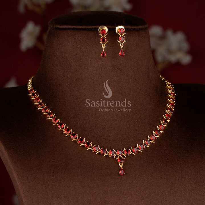 Bold red micro gold plated American diamond V-cut round stone necklace set styled for birthday parties and traditional get-togethers – Sasitrends