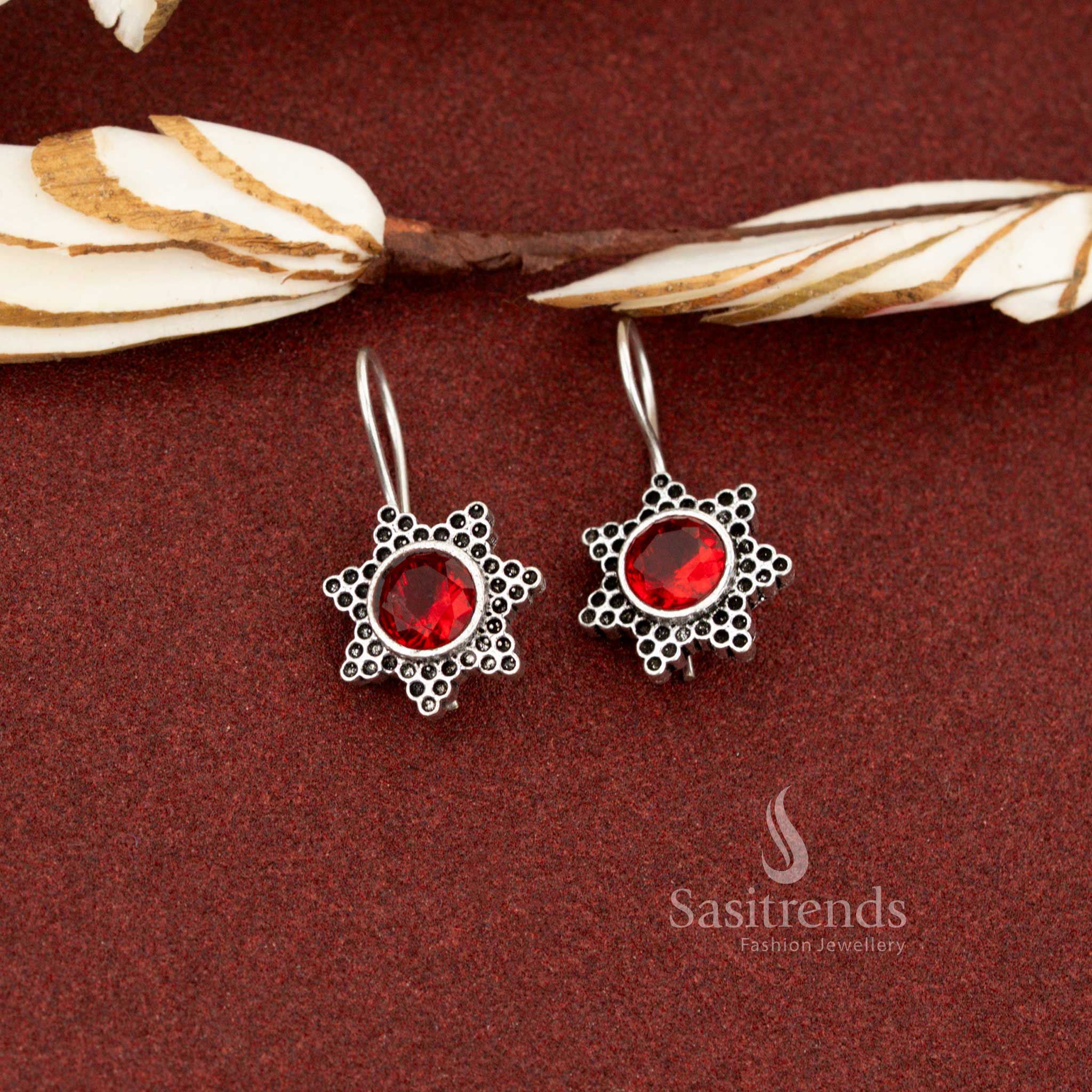 Fiery red oxidised silver star flower drop earrings suitable for everyday wear, office styling, and evening casual outfits – Sasitrends