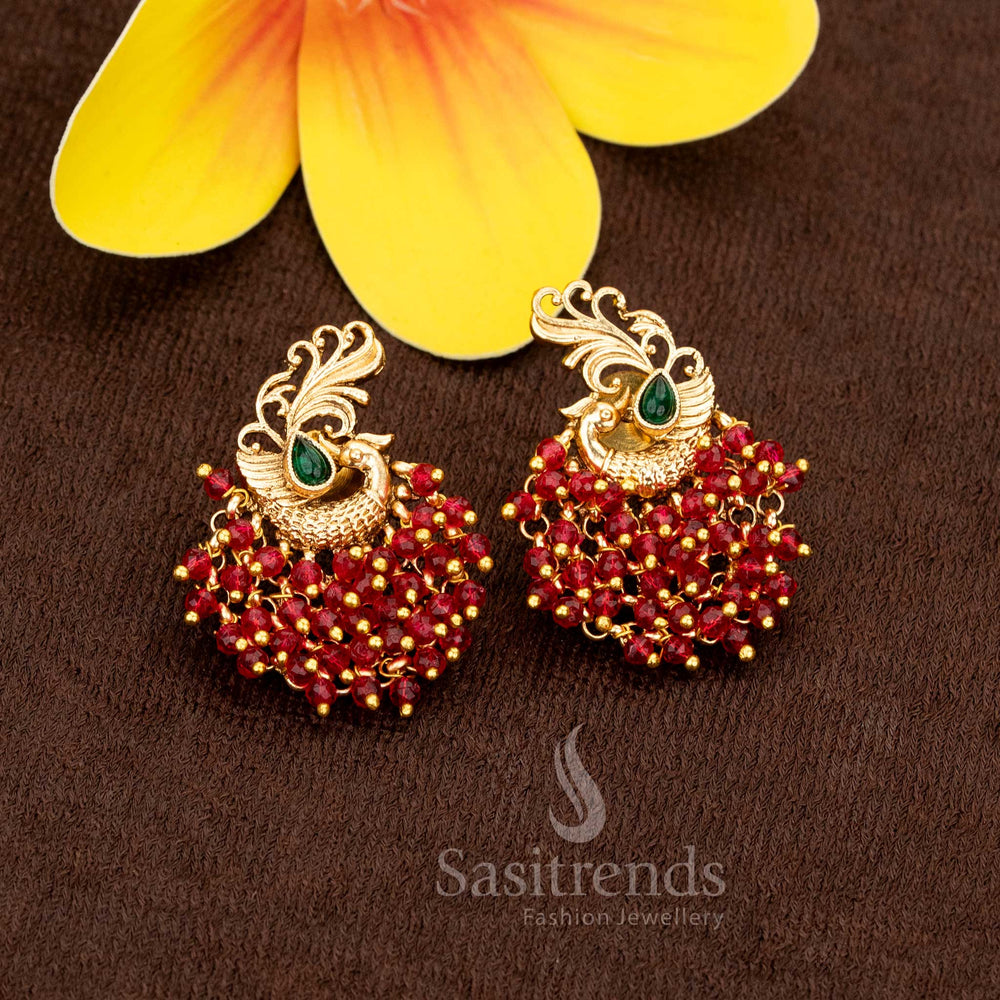 Majestic red-pearl temple matte gold plated peacock cluster earrings, designed to wear for traditional ceremonies and cultural celebrations – Sasitrends