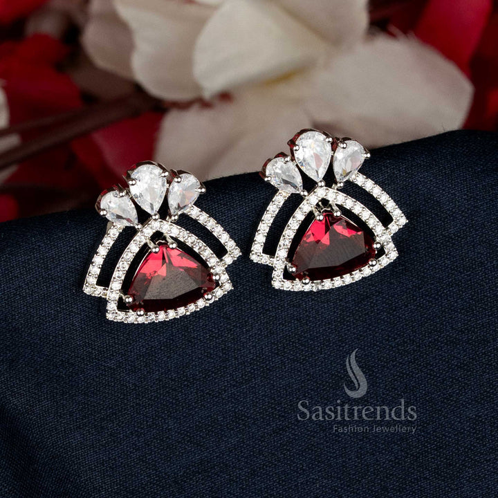 Striking Red Rhodium Silver Triangle AD Stud Earrings with luxe finishing, perfect for special occasion wear and stylish ensembles — Sasitrends