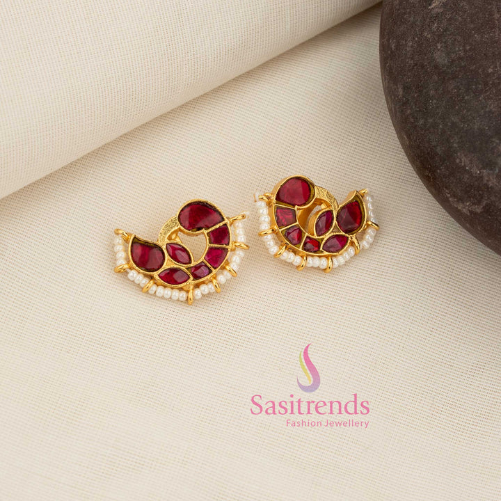 Opulent ruby Kundan peacock-face crescent bugadi earcuff adorned with pearl fringe perfect for traditional South Indian ceremonial heritage styling – Sasitrends