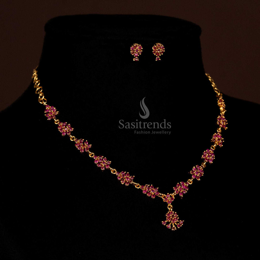 Elegant Micro Gold Plated Ruby Stone Floral Cluster Necklace Set with Glossy Finish and Bridal Festive Wear Temple Jewellery Design - Sasitrends