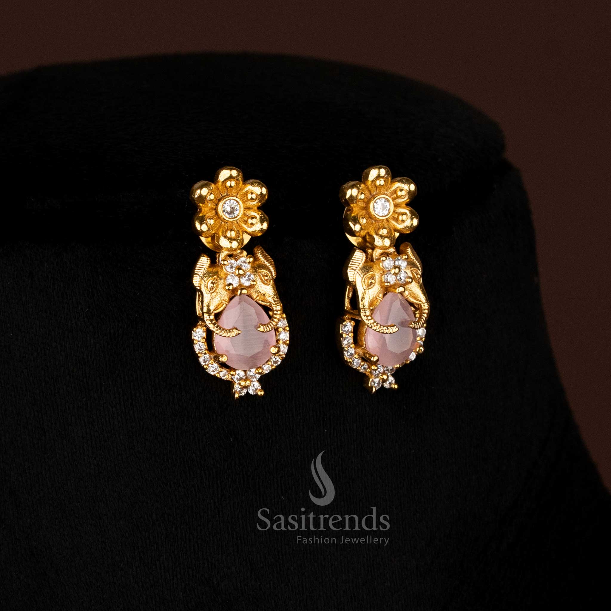 Exquisite Temple Matte Gold Plated Elephant Earrings Pink Stone Jewellery Designed For Cultural And Festive Wear By Sasitrends