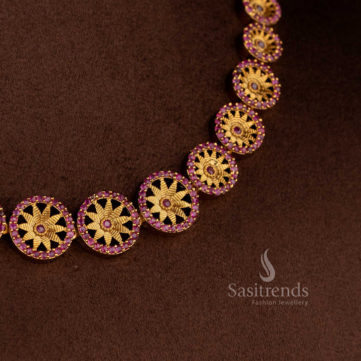 Elegant temple matte gold plated ruby leaf chakara pattern necklace with green stone accents for festive and party wear – Sasitrends