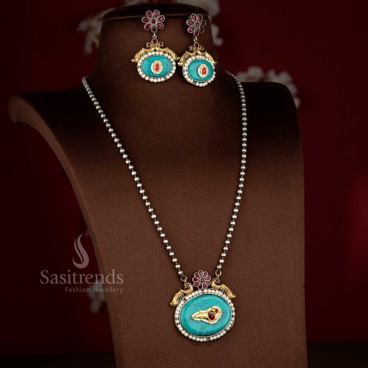 Royal turquoise ruby antique oxidised 92.5 silver plated oval peacock pendant necklace set – Sasitrends