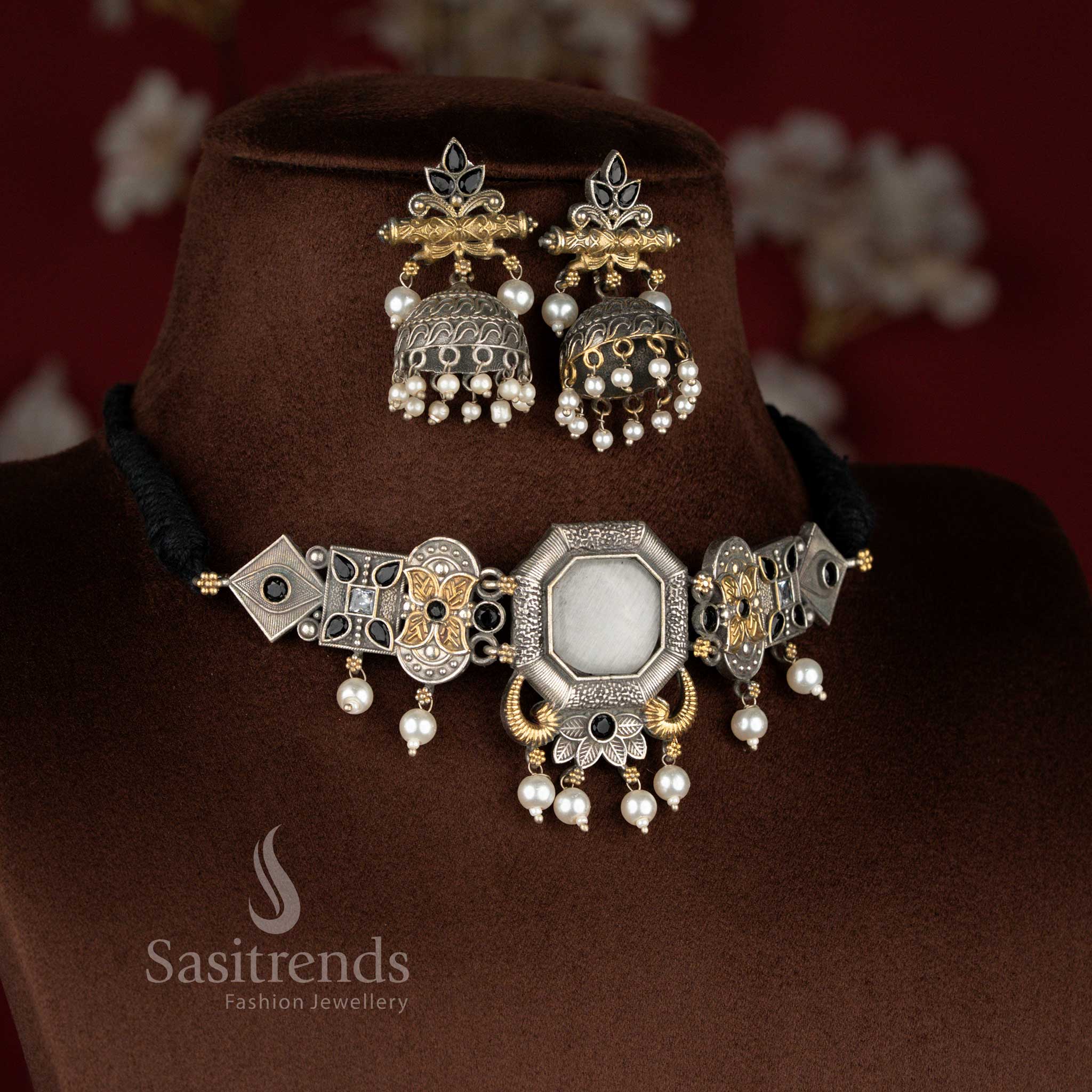 Opulent white-black oxidised mandala floral pearl choker necklace set with designer earrings – Sasitrends