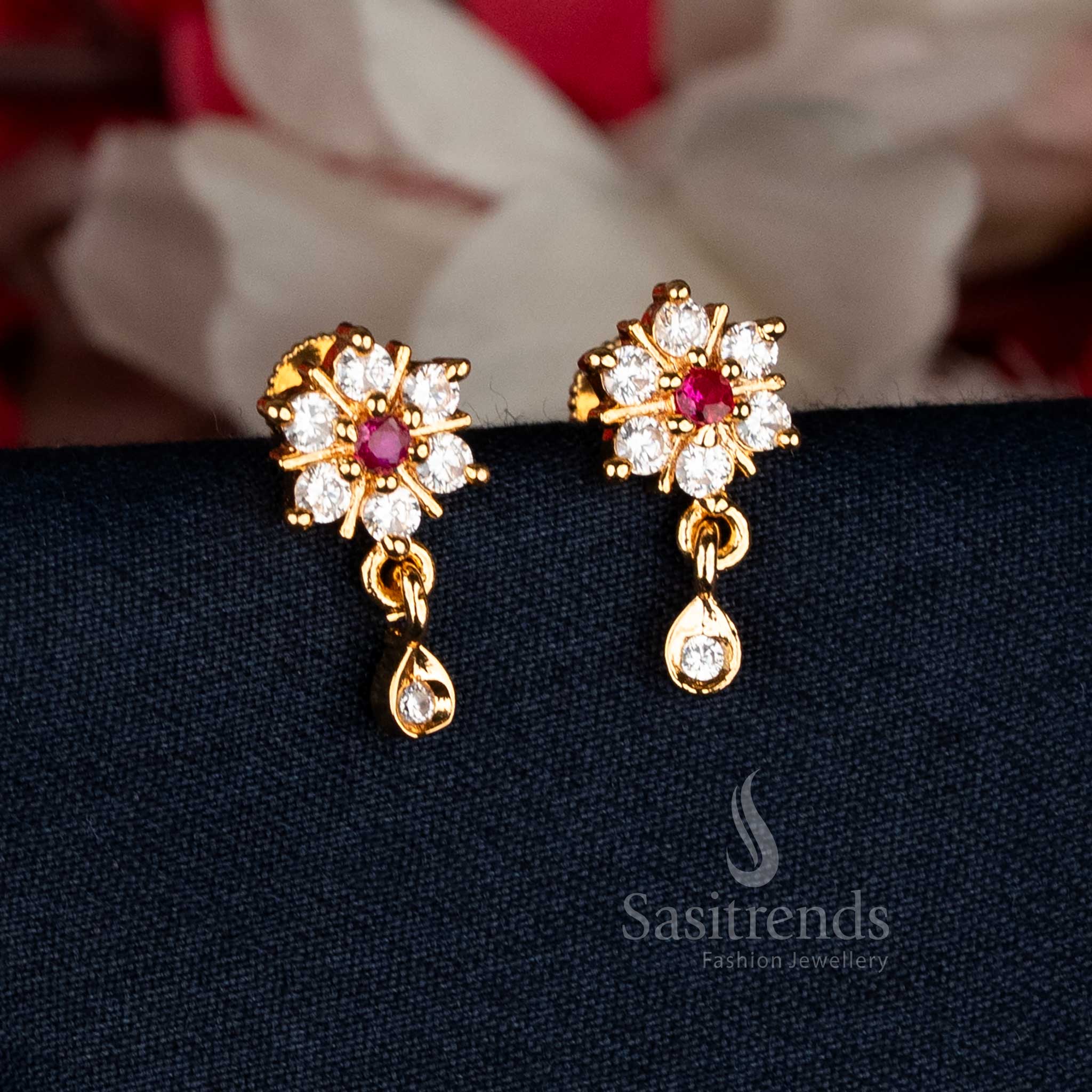 Vibrant white-ruby teardrop AD earrings with delicate floral art for weddings and cultural functions – Sasitrends