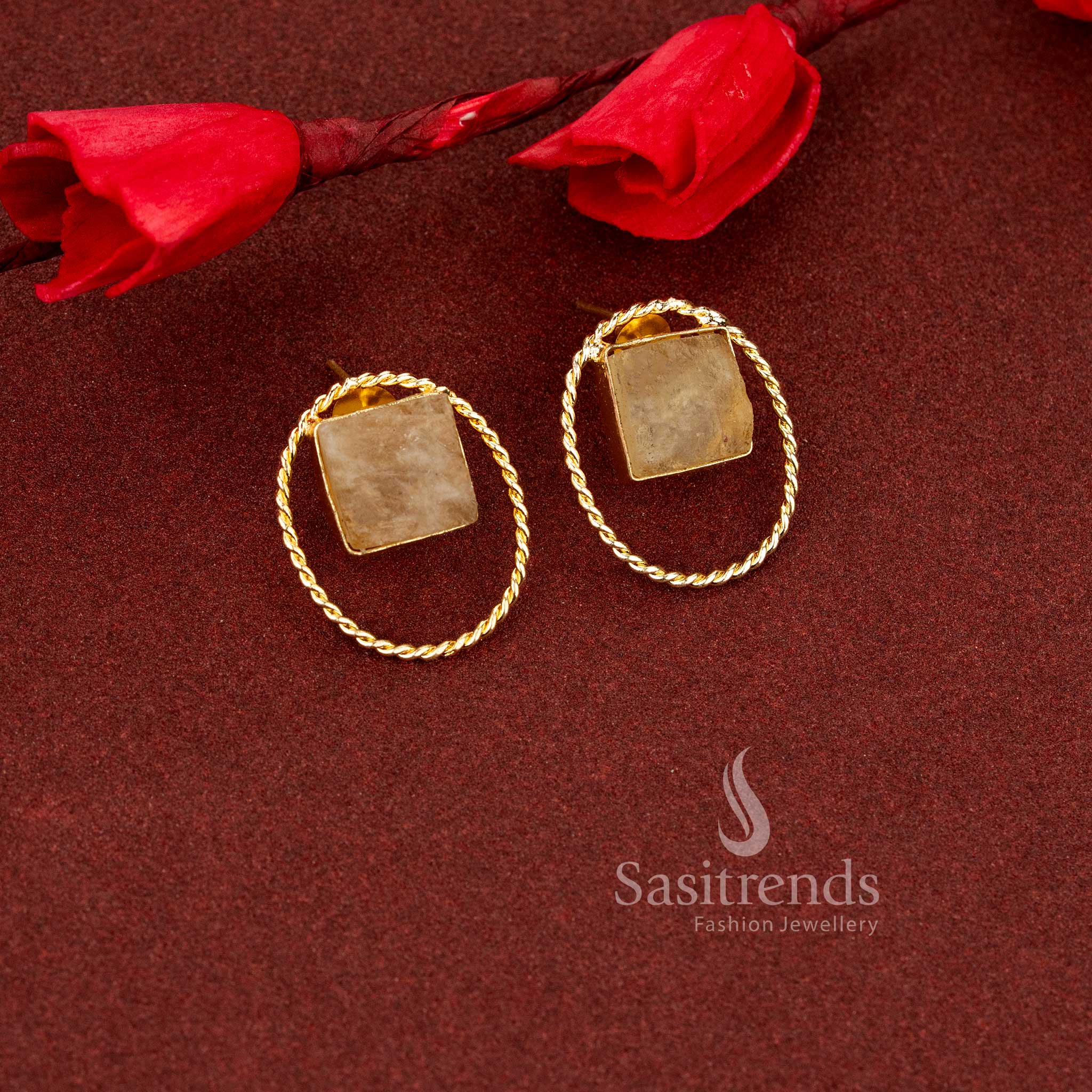 Warm toned oval natural yellow stone stud earrings enhanced with twisted rope gold detailing suitable for campus trends and daily wear comfort - Sasitrends