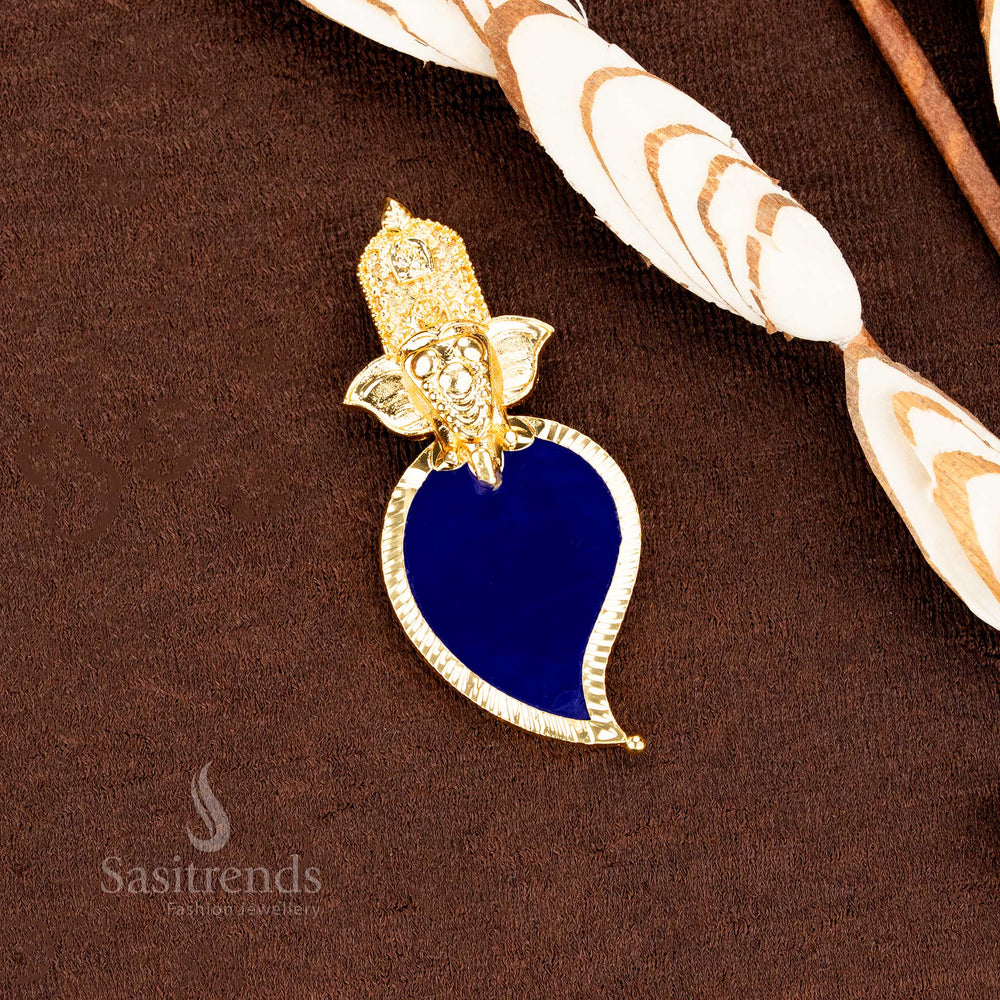 Traditional Kerala style one gram gold plated elephant Palakka pendant featuring rich blue stonework, perfect for enhancing ethnic festive jewellery style with cultural grandeur by Sasitrends
