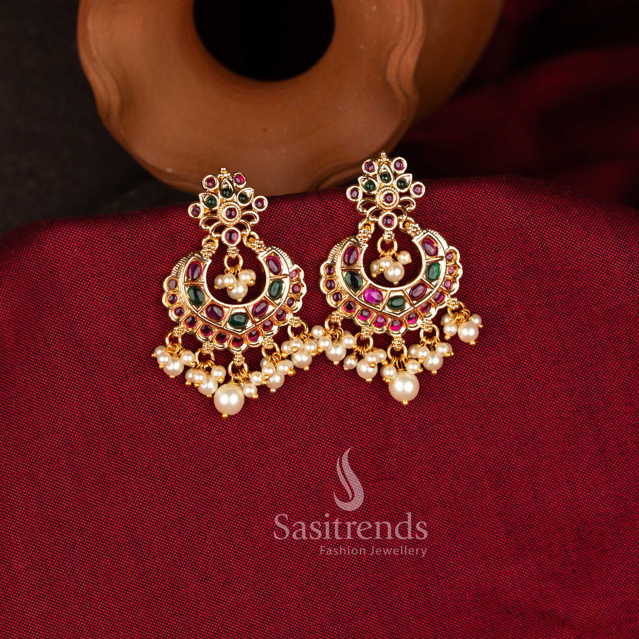 Stunning micro gold plated American Diamond chandbali earrings with pearl drops in vibrant multi tones ideal for bridal events, festive gatherings, and weddings – Sasitrends