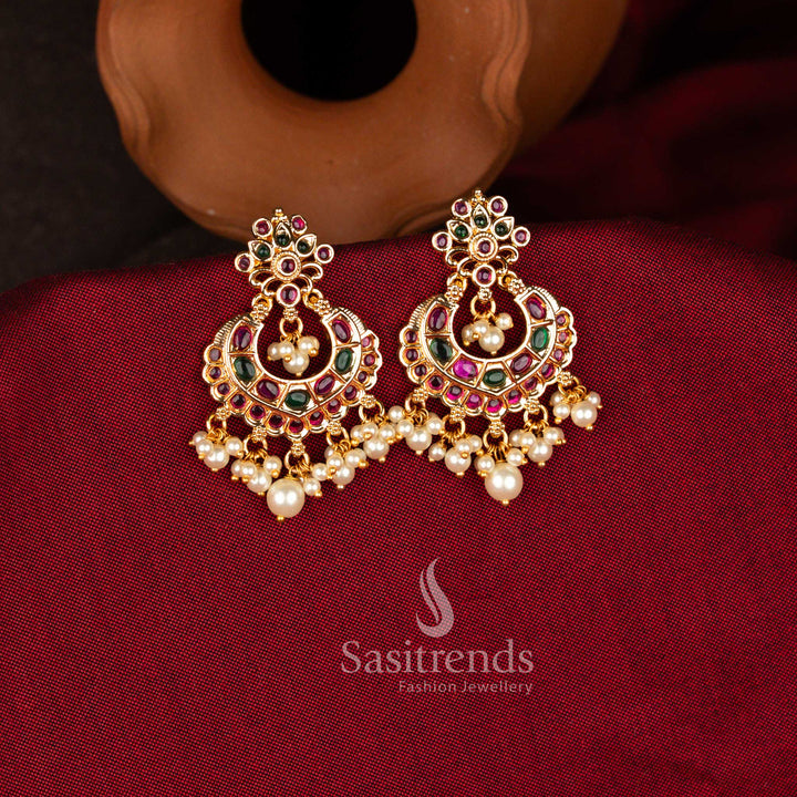 Stunning micro gold plated American Diamond chandbali earrings with pearl drops in vibrant multi tones ideal for bridal events, festive gatherings, and weddings – Sasitrends