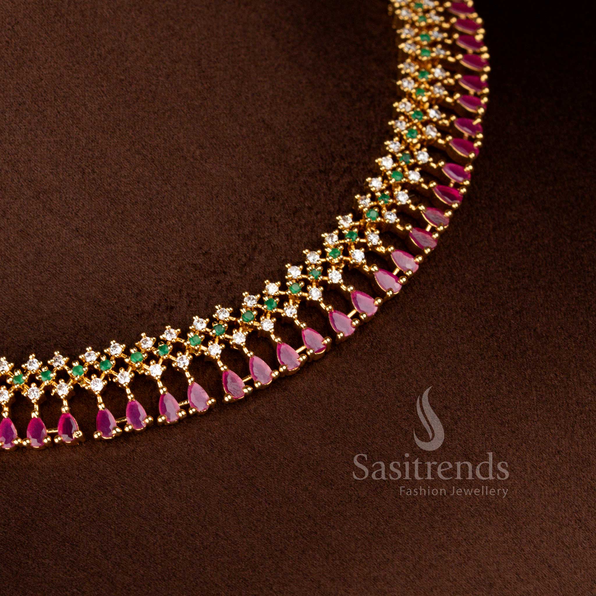 Festive micro gold plated AD floral necklace in multicolour featuring round and pear cut stones – Sasitrends