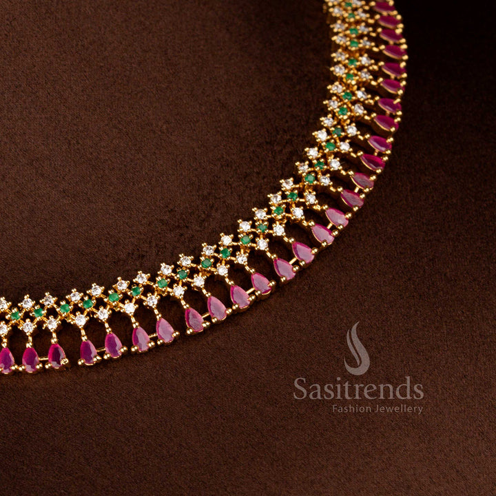 Festive micro gold plated AD floral necklace in multicolour featuring round and pear cut stones – Sasitrends