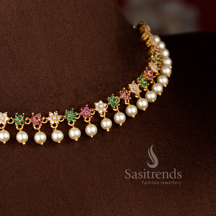 Festive micro gold plated AD star floral necklace in multicolour with pearl drops, finished in 24 carat gold – Sasitrends