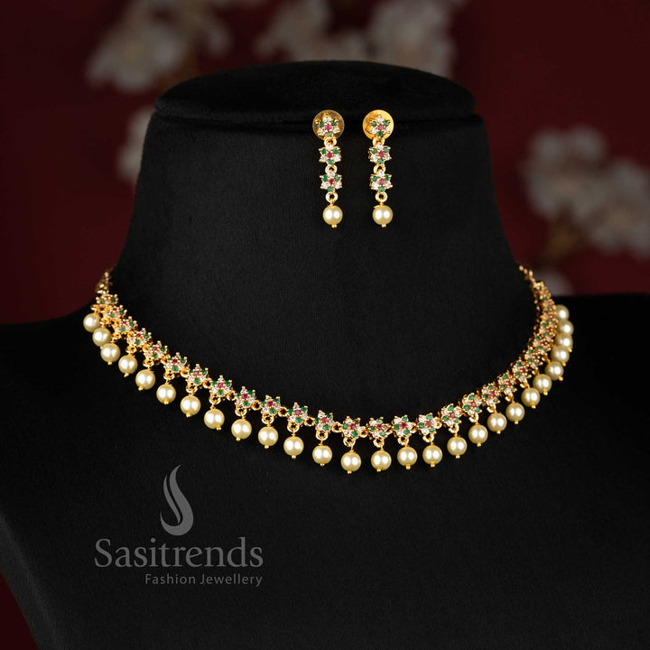 Vibrant micro gold plated AD star floral necklace in multicolour with pearl drops, one gram jewellery, 24K shine – Sasitrends