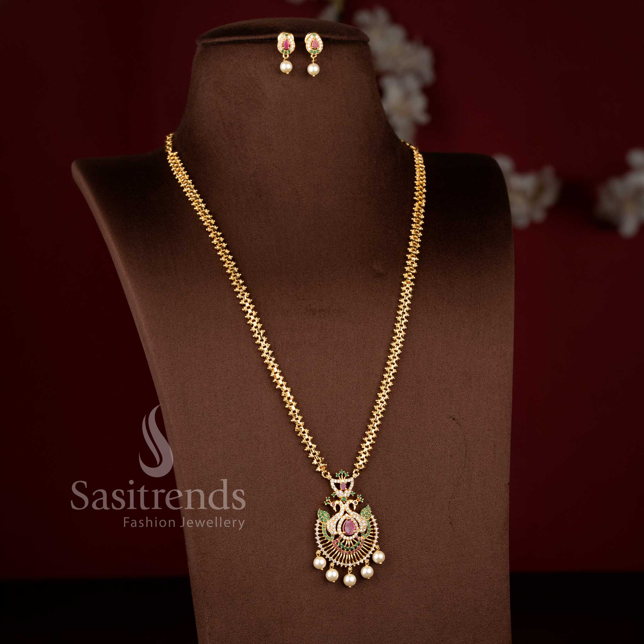 Festive micro gold plated 2-side Gajiri chain necklace in multicolour featuring pear stone peacock pendant with pearl drops – Sasitrends