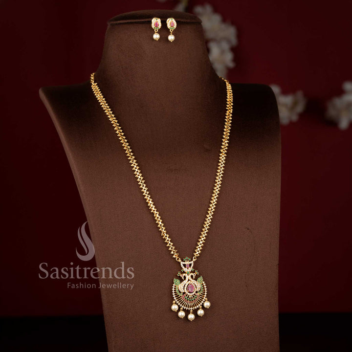 Festive micro gold plated 2-side Gajiri chain necklace in multicolour featuring pear stone peacock pendant with pearl drops – Sasitrends