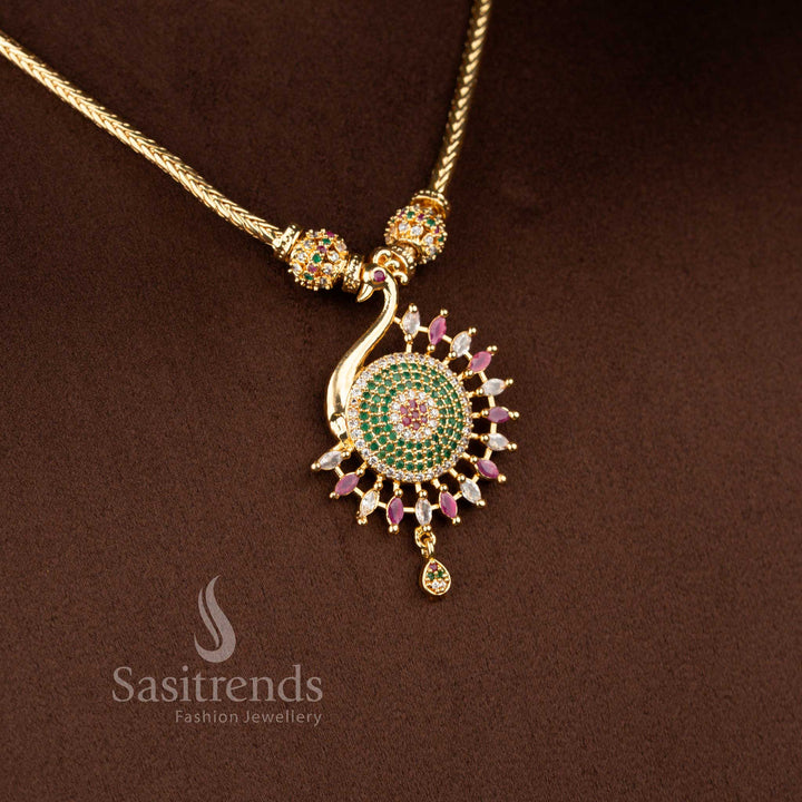 Festive micro gold plated peacock necklace in multicolour adorned with gemstone detailing and pearl accents, ideal for celebrations – Sasitrends