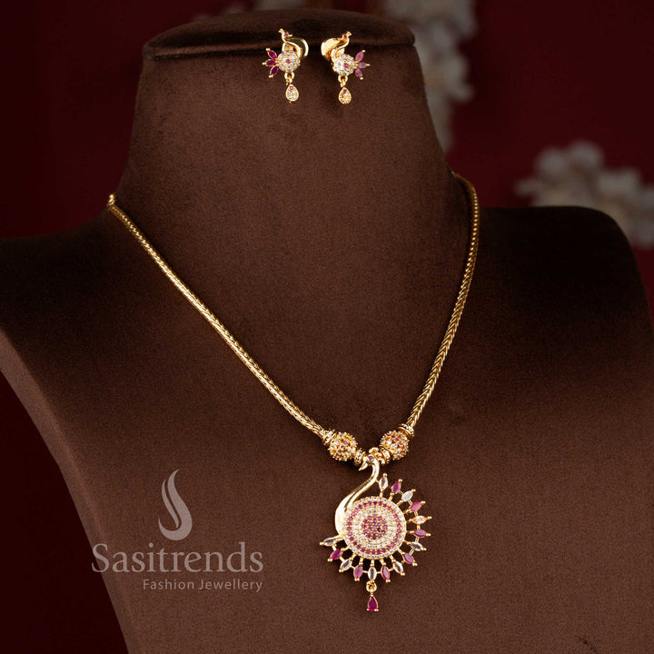Elegant micro gold plated peacock necklace in white-ruby hues with intricate gemstone detailing and pearl accents for festive or bridal occasions – Sasitrends