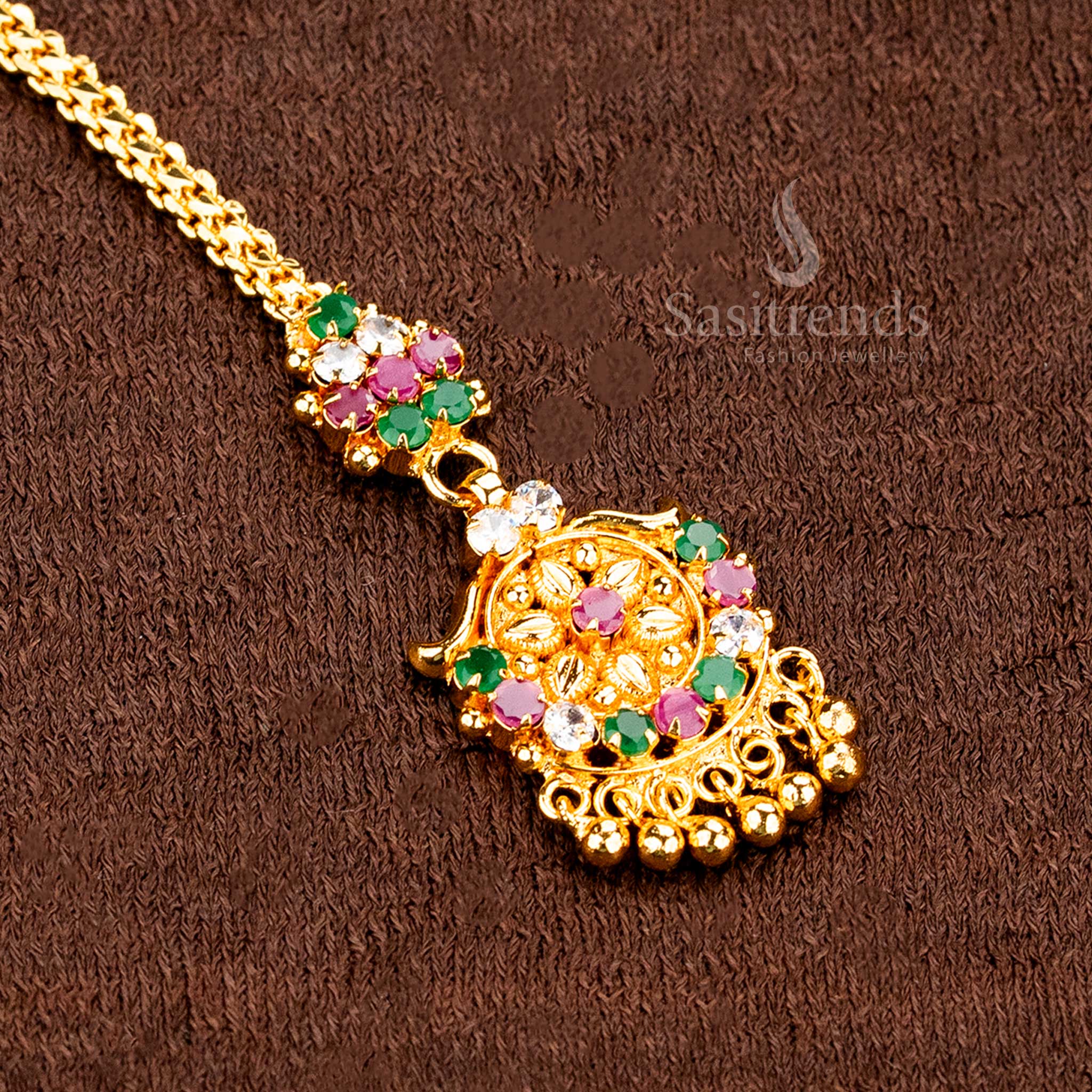 Colourful micro gold traditional multi AD floral tikka with ball hanging design for women, a fusion head jewellery piece radiating Indian royal charm – sasitrends