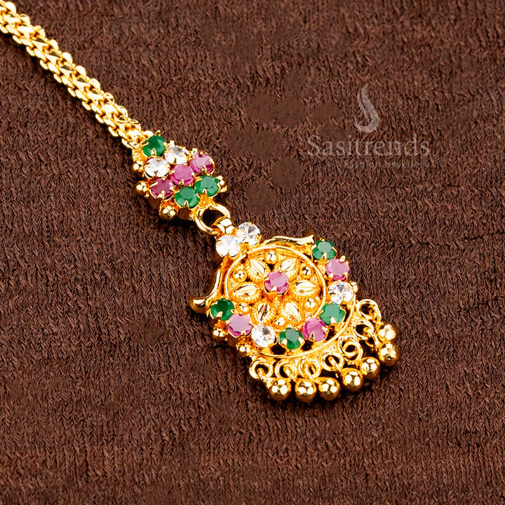 Colourful micro gold traditional multi AD floral tikka with ball hanging design for women, a fusion head jewellery piece radiating Indian royal charm – sasitrends