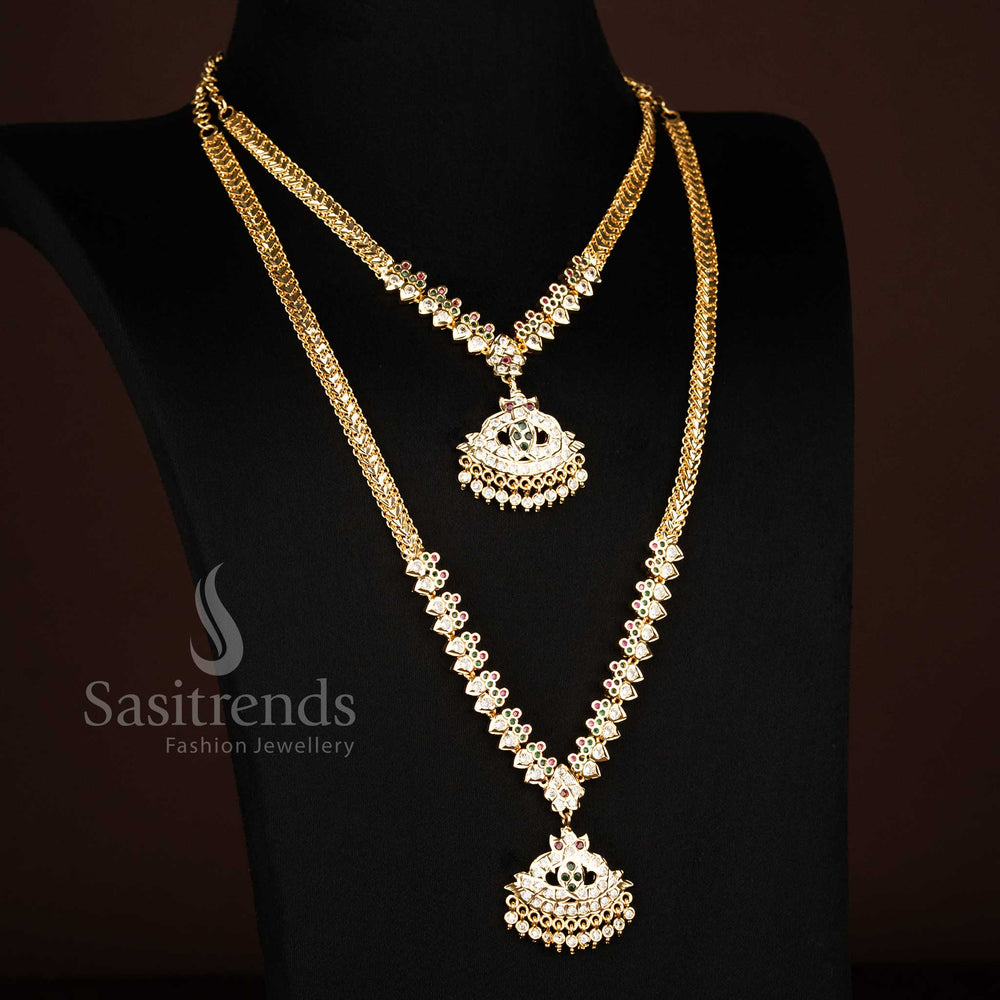 Elegant one gram micro gold Impon long short combo necklace jewellery set with multicolour stones for celebration wear - Sasitrends