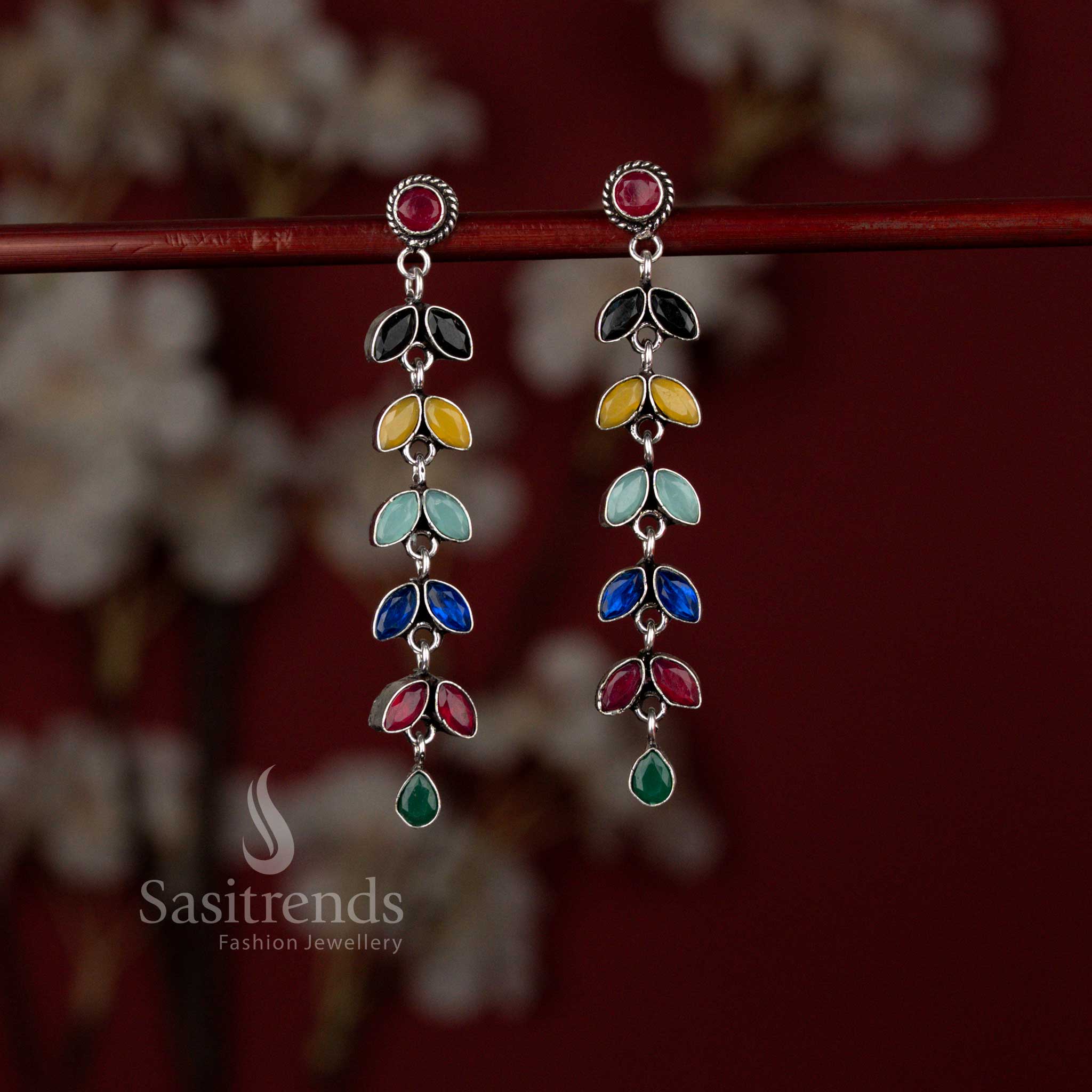 Colourful oxidised linear leaf earrings perfect for kurti outfits and joyful festive dressing – Sasitrends