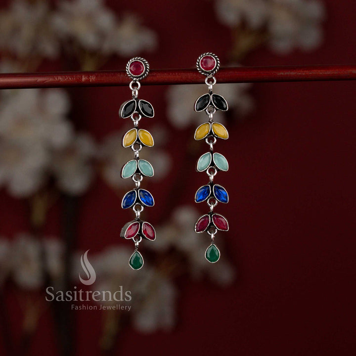 Colourful oxidised linear leaf earrings perfect for kurti outfits and joyful festive dressing – Sasitrends