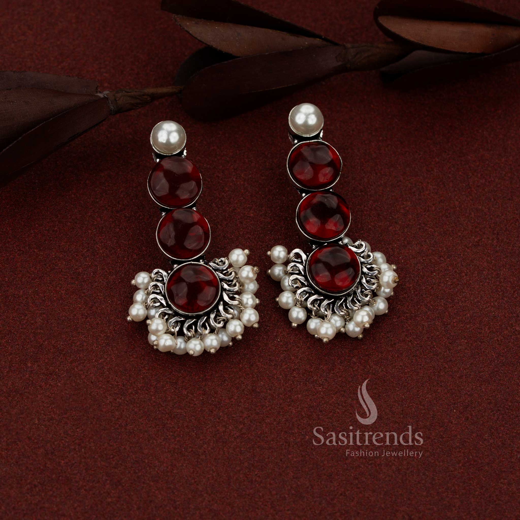 Elegant oxidised silver 3 tier round stone with pearl drop earrings red perfect for workdays, office dressing and casual charm – Sasitrends