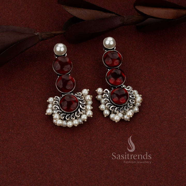 Elegant oxidised silver 3 tier round stone with pearl drop earrings red perfect for workdays, office dressing and casual charm – Sasitrends