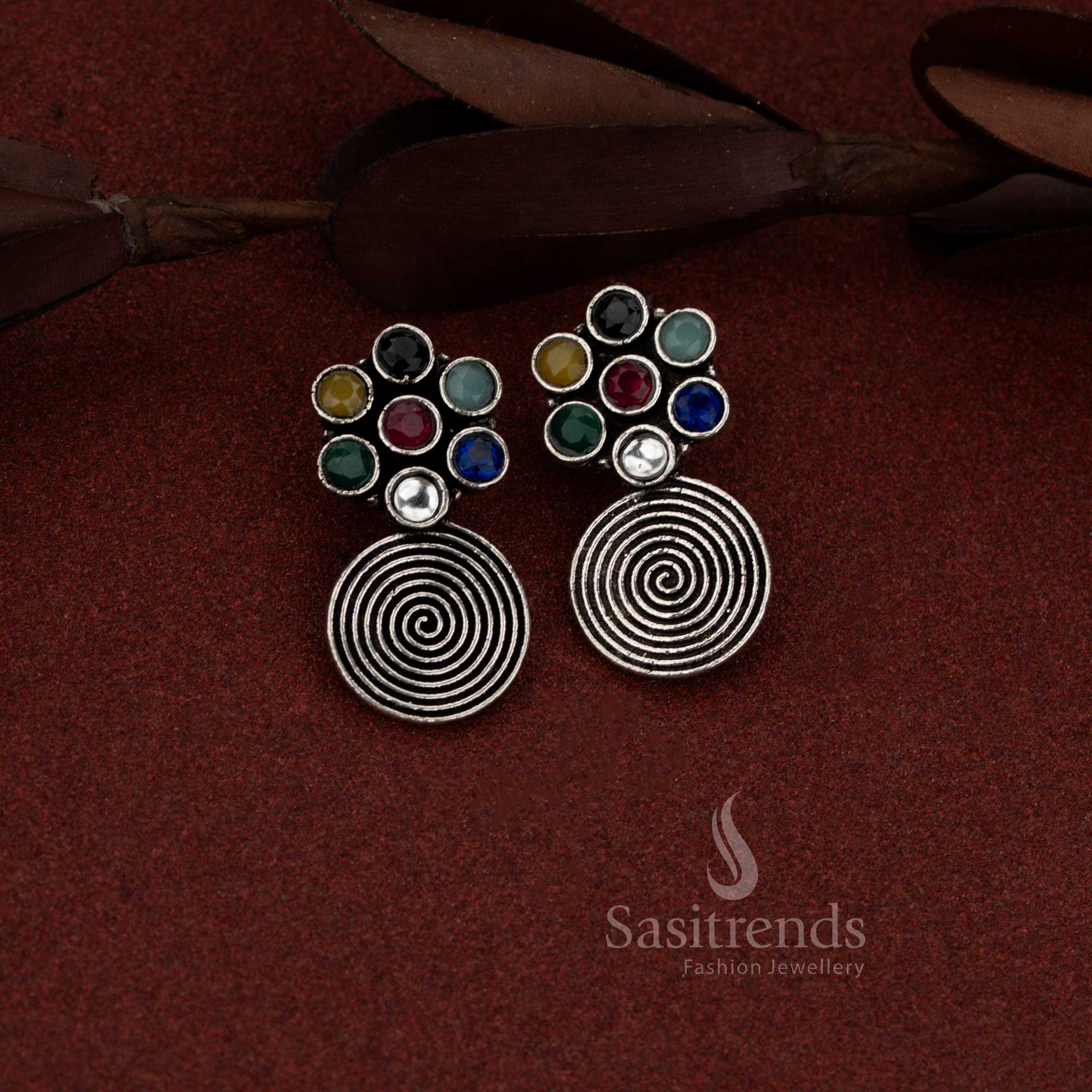 Spectacular oxidised spiral bloom drop earrings with lively colours perfect for parties and celebration outfits – Sasitrends