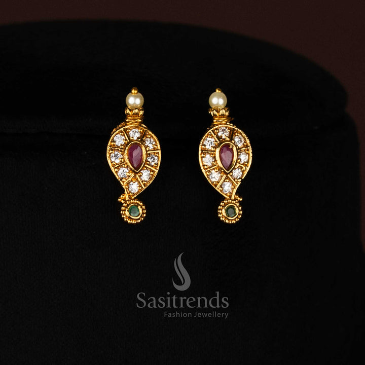 Festive matte gold multi colour temple earrings with intricate mango stick designs and sparkling AD stones - Sasitrends