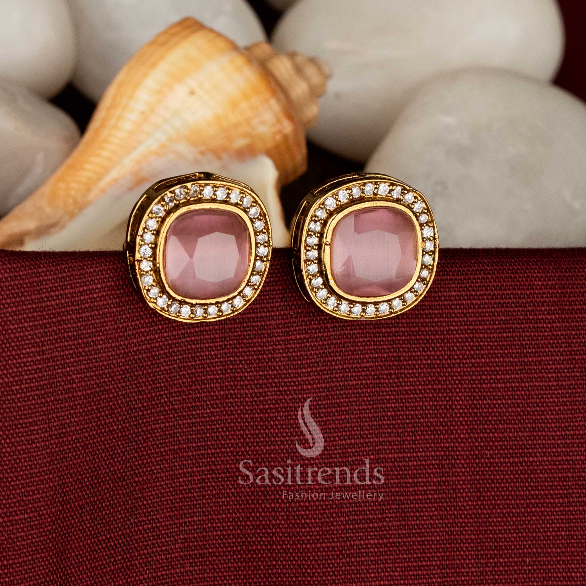 Blush elegance Victorian square AD stone stud earrings in pink, perfect for festive parties and wedding celebrations – Sasitrends