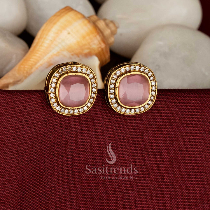 Blush elegance Victorian square AD stone stud earrings in pink, perfect for festive parties and wedding celebrations – Sasitrends