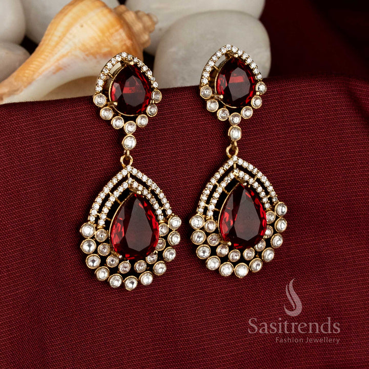 Victorian teardrop layered AD stone stud earrings in red, perfect for evening celebrations and festive occasions – Sasitrends