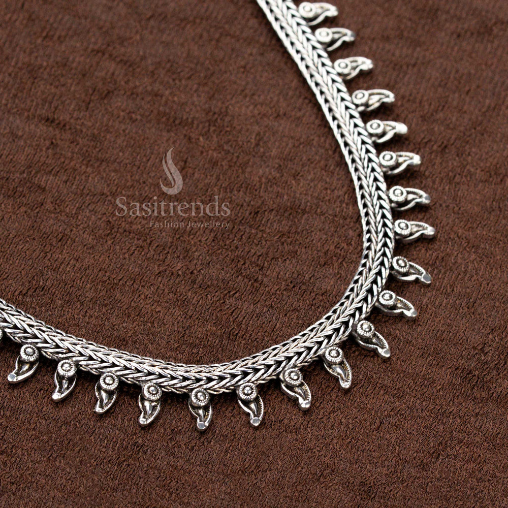 Antique handcrafted oxidised German silver tribal drop design necklace with intricate detailing, perfect for sarees, Navaratri celebrations, and traditional festive wear - Sasitrends