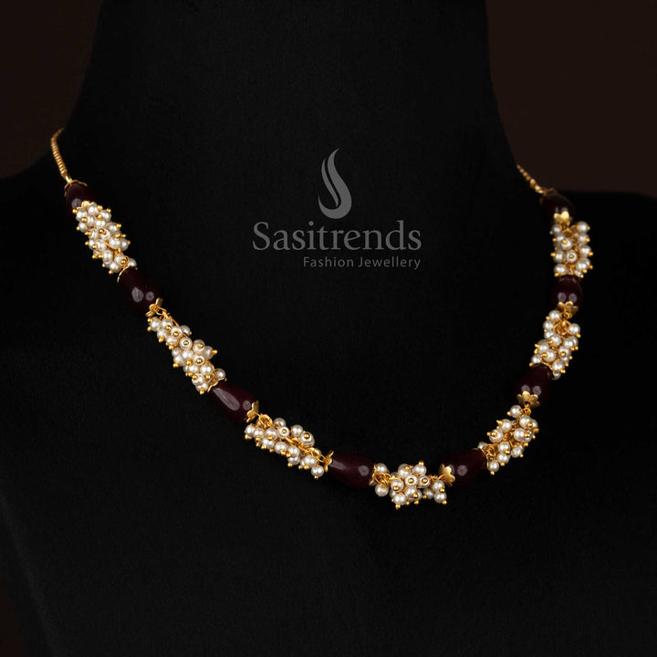 Majestic micro gold plated maroon beads pearl cluster mala necklace designed for statement celebration wear-Sasitrends