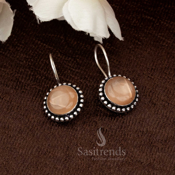 Oxidised Round Brown Natural Stone Fish Hook Earrings with handcrafted silver texture, made for ethnic and daily wear elegance — Sasitrends jewellery
