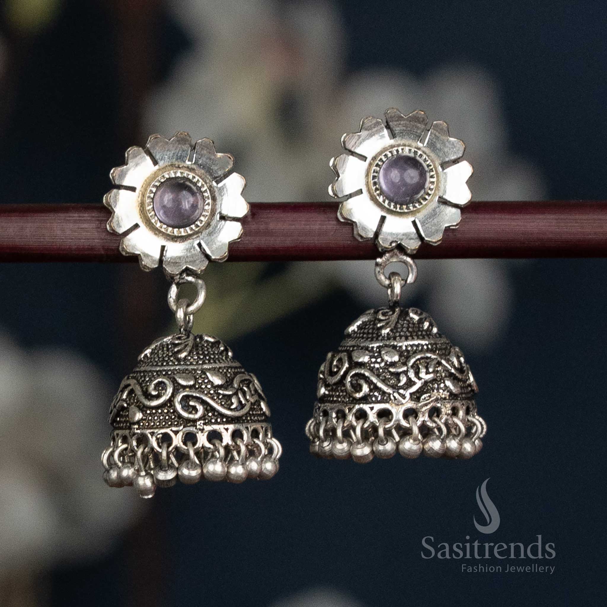 Oxidised Floral Stud Jhumka Earrings With Swirl Dome And Ball Fringe In Striking Violet Colour, Luxurious Artisan Jewellery Crafted For Grand Ethnic Looks – Sasitrends